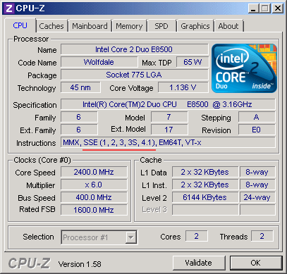 CPU-Z Core 2 Duo E8500